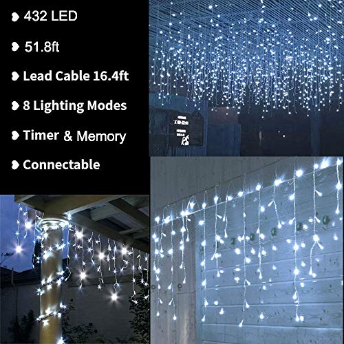Lyhope Icicle Christmas Lights, 432 LED 35.4ft 8 Modes Low Voltage Icicle String Lights with 72 Drops, Window Curtain Fairy Lights for Xmas, Eaves, Wedding, Garden, Outdoor, Indoor Decor (White)