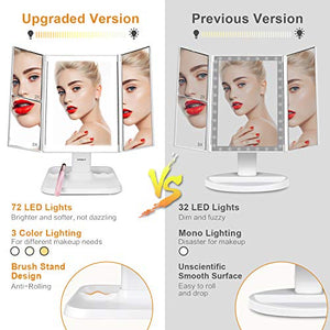 Makeup Mirror Vanity Mirror with Lights - 3 Color Lighting Modes 72 LED Trifold Mirror, Touch Control Design, 1x/2x/3x Magnification, Portable High Definition Cosmetic Lighted Up Mirror