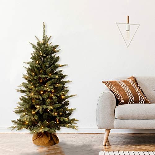 National Tree Company Pre-lit Artificial Mini Christmas Tree | Includes Small Lights and Cloth Bag Base | for Tabletop or Desk | Burlap-4 ft, 4', Green