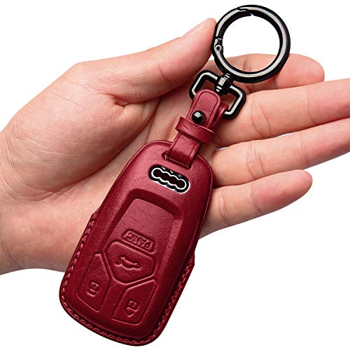 Tukellen for Audi Key Fob Cover Genuine Leather With Keychain,Leather Key Case Protector Compatible With Audi A4 Q7 Q5 TT A3 A6 SQ5 R8 S5 smart key-Wine Red