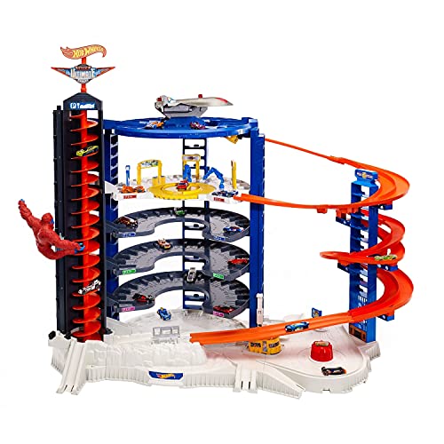 Hot Wheels Track Set with 4 1:64 Scale Toy Cars, Over 3-Feet Tall Garage with Motorized Gorilla, Storage for 140 Cars, Super Ultimate Garage 