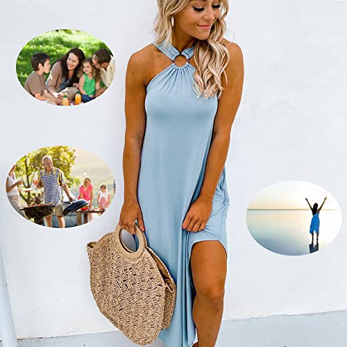 Miami Sunshine Maxi Dress, Off Shoulder Sexy Summer Casual Comfort Halter Long Dress Fit, date, party, picnic, and shopping (Light Blue, L)
