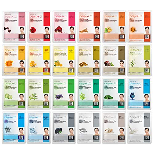 DERMAL 24 Combo Pack Collagen Essence Full Face Facial Mask Sheet - The Ultimate Supreme Collection for Every Skin Condition Day to Day Skin Concerns. Nature made Freshly packed Korean Face Mask