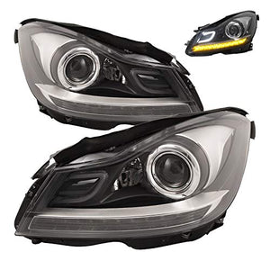 HEADLIGHTSDEPOT Black Housing Halogen DRL Headlights Projector w/LED Bar Compatible with Mercedes-Benz C250 C300 C350 C63 AMG Includes Left Driver and Right Passenger Side Headlamps