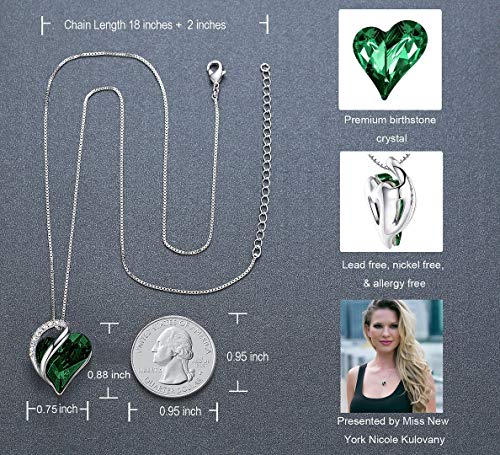 Leafael Infinity Love Heart Pendant Necklace Emerald Green May Birthstone Crystal Jewelry Gifts for Women, Silver-Tone, 18"+2"