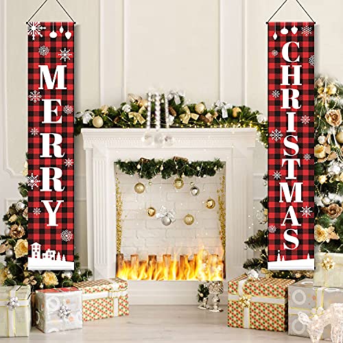 FROZZUR Christmas Xmas Set of 2 Porch Signs, Red Black Buffalo Plaid Decor Merry Christmas Door Banners Hanging Decorations for Home Yard Indoor Outdoor Front Door Wall, 13" x 71"