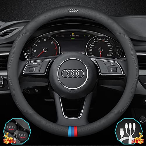 Custom-Fit for Audi Steering Wheel Cover, Premium Leather Car Steering Wheel Cover with Logo, Non-Slip, Breathable, Designed for Audi Accessories (D-Style,for Audi)