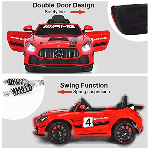 Costzon Ride On Car, 12V Licensed Mercedes Benz AMG GT4 Electric Vehicle w/ Remote Control, Opening Doors, Head/Rear Lights, Swing Function, MP3 USB TF Input, Horn, High/ Low Speed for Kids (Red)