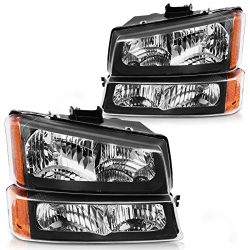DWVO Headlights Assembly Compatible with 2003 2004 2005 2006 Chevy Silverado Avalanche 1500 2500 3500 (Black Housing Amber Reflector)