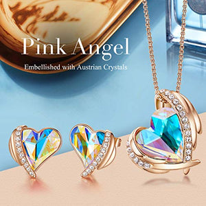 CDE Pink Angel 18K Rose Gold Jewelry Set Women Heart Pendant Necklaces and Stud Earrings Sets Embellished with Austrian Crystals Birthday Gift