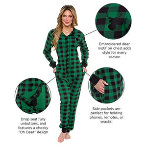 Oh Deer Buffalo Flannel One Piece Pajamas - Women's Union Suit Pajamas with Drop Seat Butt Flap by Silver Lilly (Green / Black Plaid, Small)