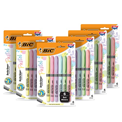 BIC Brite Liner Grip Pastel Highlighter Set, Chisel Tip, 30-Count Pack of Pastel Highlighters in Assorted Colors, Cute Highlighters for Bullet Journal Exercises, Note Taking and More