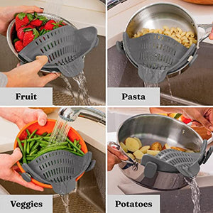 Kitchen Gizmo Snap N Strain Pot Strainer and Pasta Strainer - Adjustable Silicone Clip On Strainer for Pots, Pans, and Bowls - Gray