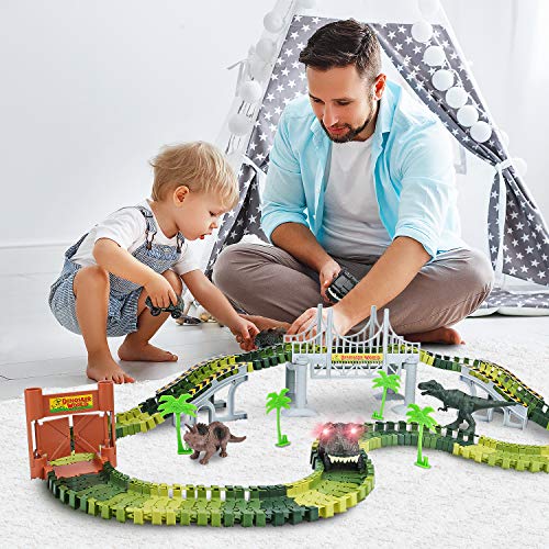 Dinosaur Toys,156pcs Create A Dinosaur World Road Race,Flexible Track Playset and 2 pcs Cool Dinosaur car for 3 4 5 6 Year & Up Old boy Girls Best Gift