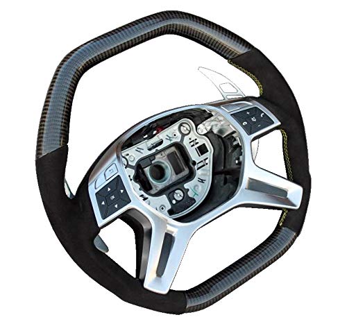 G Wagon Carbon Fiber Steering Wheel - for Mercedes-Benz G-Class W463 G500 G550 G63 AMG G65 AMG - ML W166 - GL X166 – Black Alcantara - Yellow Stitching - Paddle Shifters