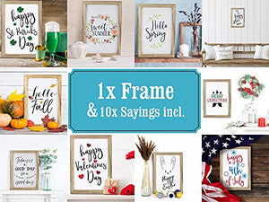 Farmhouse Wall Decor Signs With 10 Interchangeable Sayings For Fall Home Decor - Easy To Hang 11x16” Rustic Wood Picture Frame with 10 Designs – Beautiful Fall, Thanksgiving And Halloween Decorations For Your Living Room