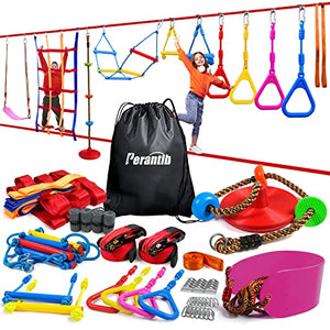 Perantlb Ninja Warrior Obstacle Course for Kids-2x56ft Double Ninja Slackline with 11 Accessories for Kids,Swing,Climbing Rope Swing,Rope Ladder,1.2M Arm Trainer