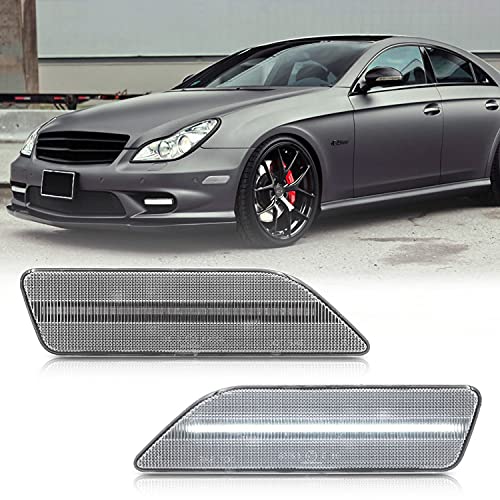 Led Side Marker Lights Compatible w/ 2007-2011 W219 Mercedes Benz CLS550 2006 CLS500 Xenon White Front Fender Marker Lamps Clear Lens OEM Side Marker Replacement