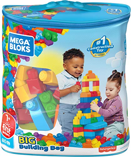 Mega Bloks First Builders Big Building Bag with Big Building Blocks, Building Toys for Toddlers (80 Pieces) - Blue Bag