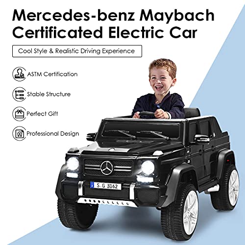 OLAKIDS 12V Battery Powered Ride On Car, Licensed Mercedes-Benz Maybach G650S Toy with 3 Speeds, LED Lights, 2 Motors, 2.4G Remote Control, Horn, Music, Electric Vehicle for Toddler (Black)