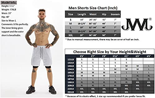 JWJ Men's 2 in 1 Workout Running Shorts 7 Inch Lightweight Athletic Gym Shorts with Compression Liner White XL
