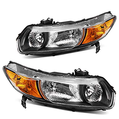 DWVO Headlight Assembly Compatible with 2006-2011 Civic 2-Door Coupe Black Housing Clear Lens Amber Reflector - Driver and Passenger Side