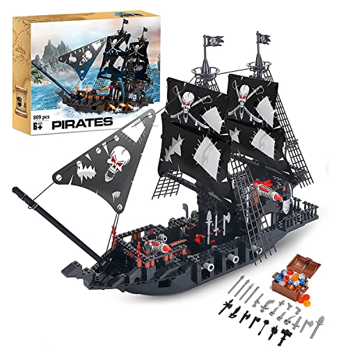 BRICK STORY Black Pirate Ship Building Kit with 5 Mini Pirates Figures, Pirate Ships Toy Model Set for Teens and Adult, Creative Pirates Themed Gifts for Kids Boys Age 8 Years and Up, 809 Pcs