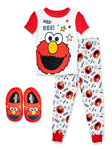 Sesame Street Elmo Pajamas, Toddler 2 Piece Pajama Set with Slippers, 100% Cotton, Toddler Size 2T to 5T (Red, 3T)