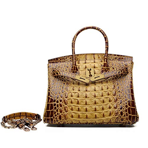 Crocodile Grain Genuine Leather Satchel Bag Women's Cowhide Handbags Chain Shoulder Messenger Bags Woman (35#=35cm18cm26cm, Brown)