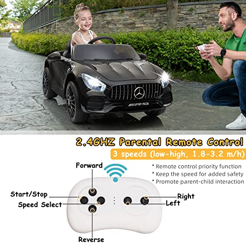 TOBBI Ride On Car 12V Licensed Mercedes Benz AMG GT Electric Car for Kids Ride On Toys Vehicle with 2.4G Remote Control, 2 Powerful Motors , Music, Horn, USB, Black