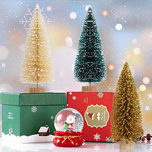 AerWo 24PCS Artificial Mini Christmas Trees, Upgrade Sisal Trees with Wood Base Bottle Brush Trees for Christmas Table Top Decor Winter Crafts Ornaments Green, Gold and Ivory