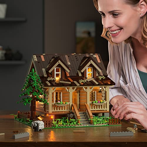 Funwhole Wood-Cabin Building Set with LED Lights - Construction Building Model Set 2097 PCS for Teen and Adults with LED Lighting Kit