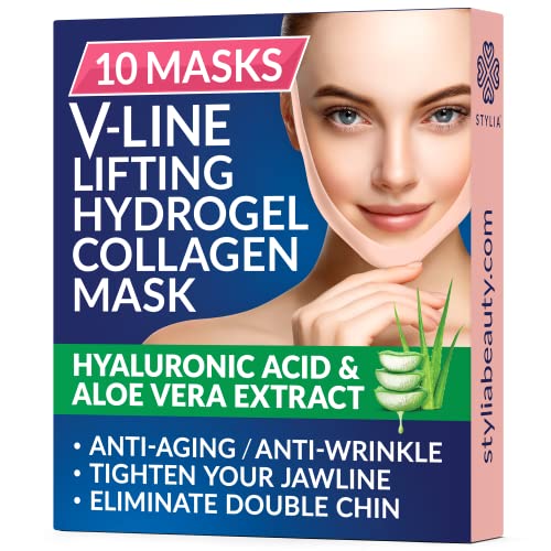 10 Piece V Line Shaping Face Masks – Double Chin Reducer - Lifting Hydrogel Collagen Mask with Aloe Vera – Anti-Aging and Anti-Wrinkle Band - Contouring, Slimming and Firming Face Lift Sheet