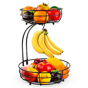 Auledio 2-Tier Countertop Fruit Vegetables Basket Bowl Storage With Banana Hanger, Black