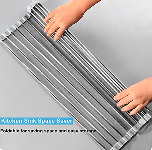 Seropy Roll Up Dish Drying Rack Over The Sink for Kitchen Sink 17.5x15.7 Inch Drying Rack Folding Dish Drainer Mat Rolling Dish Rack Sink Rack Stainless Steel Kitchen Dry Rack