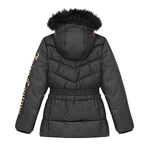 Juicy Couture Girls Puffer Jacket, Laminated Bubble Kids Coat with Fur Hoodie, Black, Medium