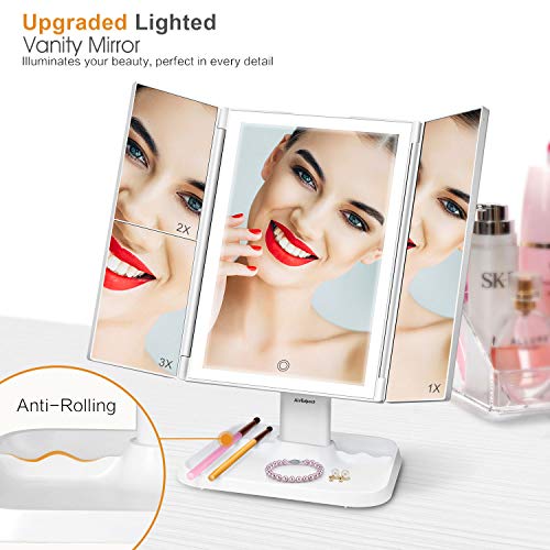 Makeup Mirror Vanity Mirror with Lights - 3 Color Lighting Modes 72 LED Trifold Mirror, Touch Control Design, 1x/2x/3x Magnification, Portable High Definition Cosmetic Lighted Up Mirror