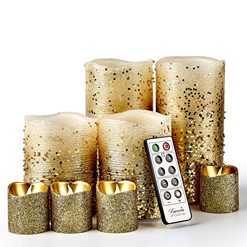 Furora LIGHTING Gold Flameless Candles Remote Controlled, Set of 8, Real Wax Battery Operated Pillars and Votives LED Candles with Flickering Flame and Timer Featured, Christmas and Fall Centerpieces
