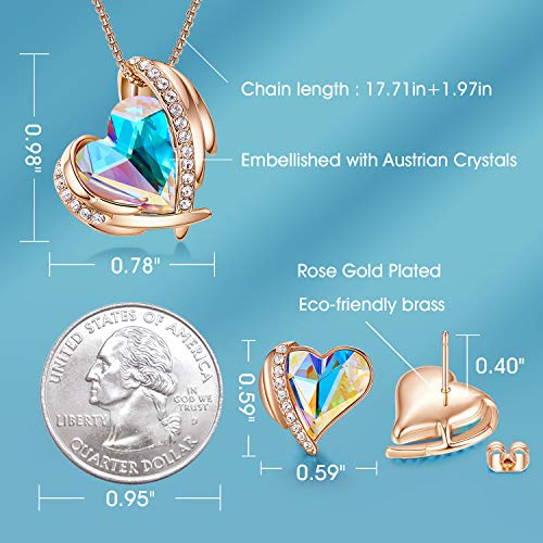 CDE Pink Angel 18K Rose Gold Jewelry Set Women Heart Pendant Necklaces and Stud Earrings Sets Embellished with Austrian Crystals Birthday Gift