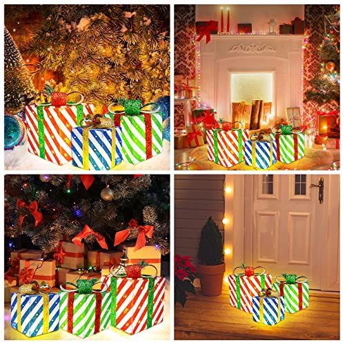 Christmas Decorations Set of 3 Lighted Gift Boxes with Bows Decor, LED Light Up Present Box Battery Operated Decor for Under Xmas Tree, Christmas Decor for Indoor Outdoor Holiday Party Home Yard Lawn