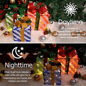 Christmas Decorations Set of 3 Lighted Gift Boxes with Bows Decor, LED Light Up Present Box Battery Operated Decor for Under Xmas Tree, Christmas Decor for Indoor Outdoor Holiday Party Home Yard Lawn