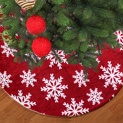 48" Christmas Tree Skirt, Red Faux Fur Tree Skirts Christmas Decoration, White Snowflake Tree Mats for Merry Christmas Party Holiday Tree Decorations