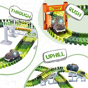 Dinosaur Toys,156pcs Create A Dinosaur World Road Race,Flexible Track Playset and 2 pcs Cool Dinosaur car for 3 4 5 6 Year & Up Old boy Girls Best Gift