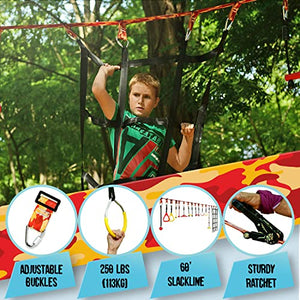 ARY'SLAND Obstacle Course for Kids - with 14 Accessories & Bag, Buzzer Button, Gymnastic Rings, Monkey Bars, Ninja Wheel, and Plenty More - Sturdy 60’ Ninja Warrior Obstacle Course for Kids