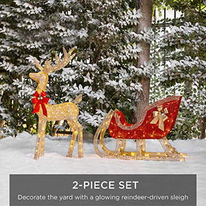 Best Choice Products Lighted Christmas 4ft Reindeer & Sleigh Outdoor Yard Decoration Set w/ 205 LED Lights, Stakes, Zip Ties