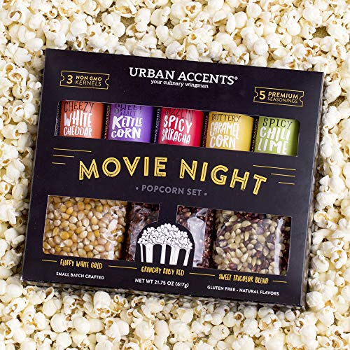 Urban Accents MOVIE NIGHT Popcorn Kernels and Popcorn Seasoning Variety Pack (set of 8) - 3 Non-GMO Popcorn Kernel Packs and 5 Gourmet Popcorn Snack Seasoning- Perfect Gift for any Occasion