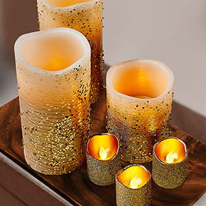 Furora LIGHTING Gold Flameless Candles Remote Controlled, Set of 8, Real Wax Battery Operated Pillars and Votives LED Candles with Flickering Flame and Timer Featured, Christmas and Fall Centerpieces