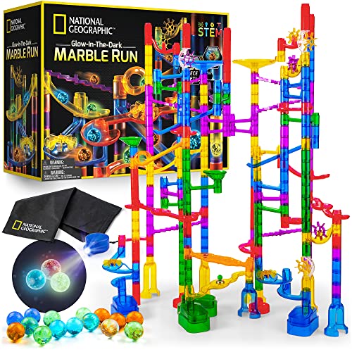 NATIONAL GEOGRAPHIC Glowing Marble Run – 250 Piece Construction Set with 50 Glow In The Dark Glass Marbles, Mesh Storage Bag, Great Creative Stem Toy For Girls & Boys