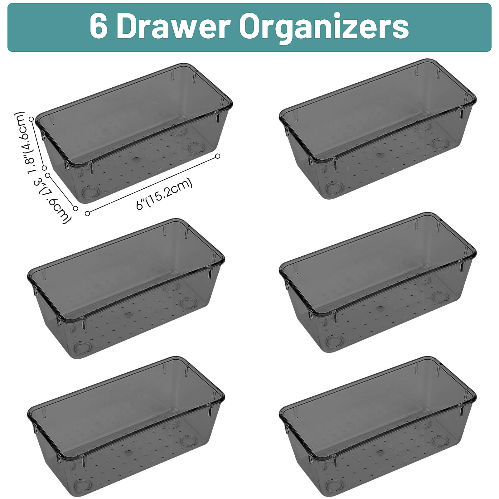 WOWBOX 6 PCS Plastic Drawer Organizer Set, Desk Drawer Divider Organizers and Storage Bins for Makeup, Jewelry, Gadgets for Kitchen, Bedroom, Bathroom, Office, Black