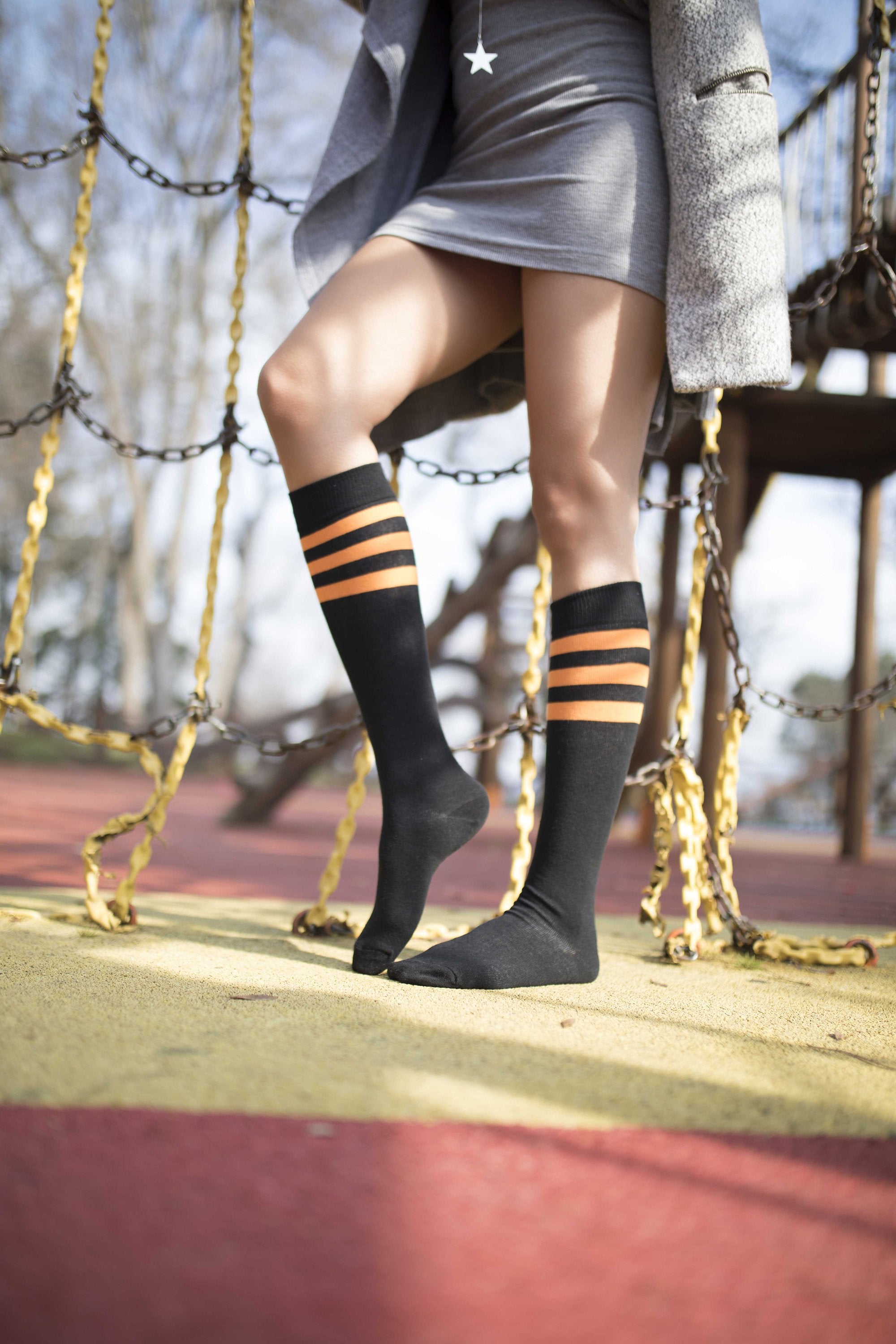 Women's Shiny Dark Stripe Knee High Socks Set